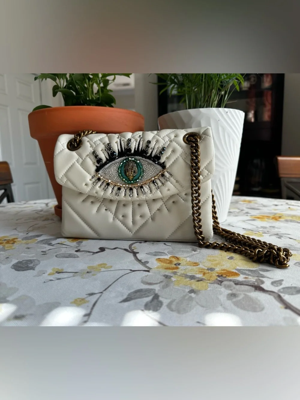 Kurt Geiger White Quilted Beaded Eye Shoulder Bag - Picture 2 of 14